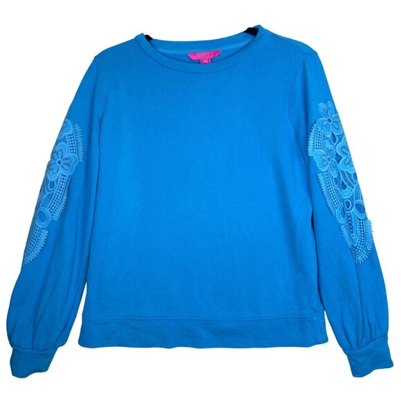 Lilly Pulitzer Women's XS Blue Pullover Sweatshirt Lace Crochet Sleeve Casual - Picture 2 of 12